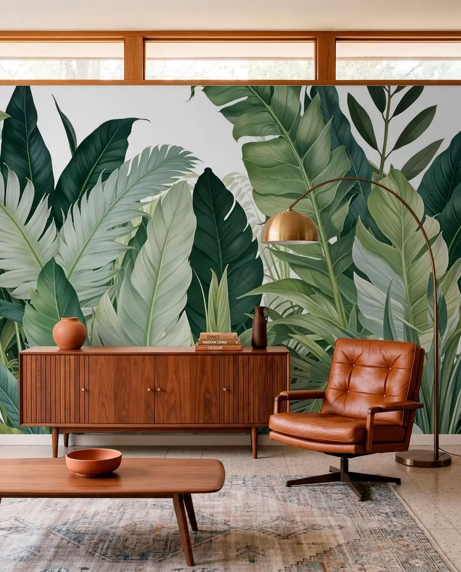 murais de parede Folhagem tropical com várias folhas verdes grandes, incluindo folhas de bananeira, folhas de palmeira e outras espécies de plantas exóticas w08609