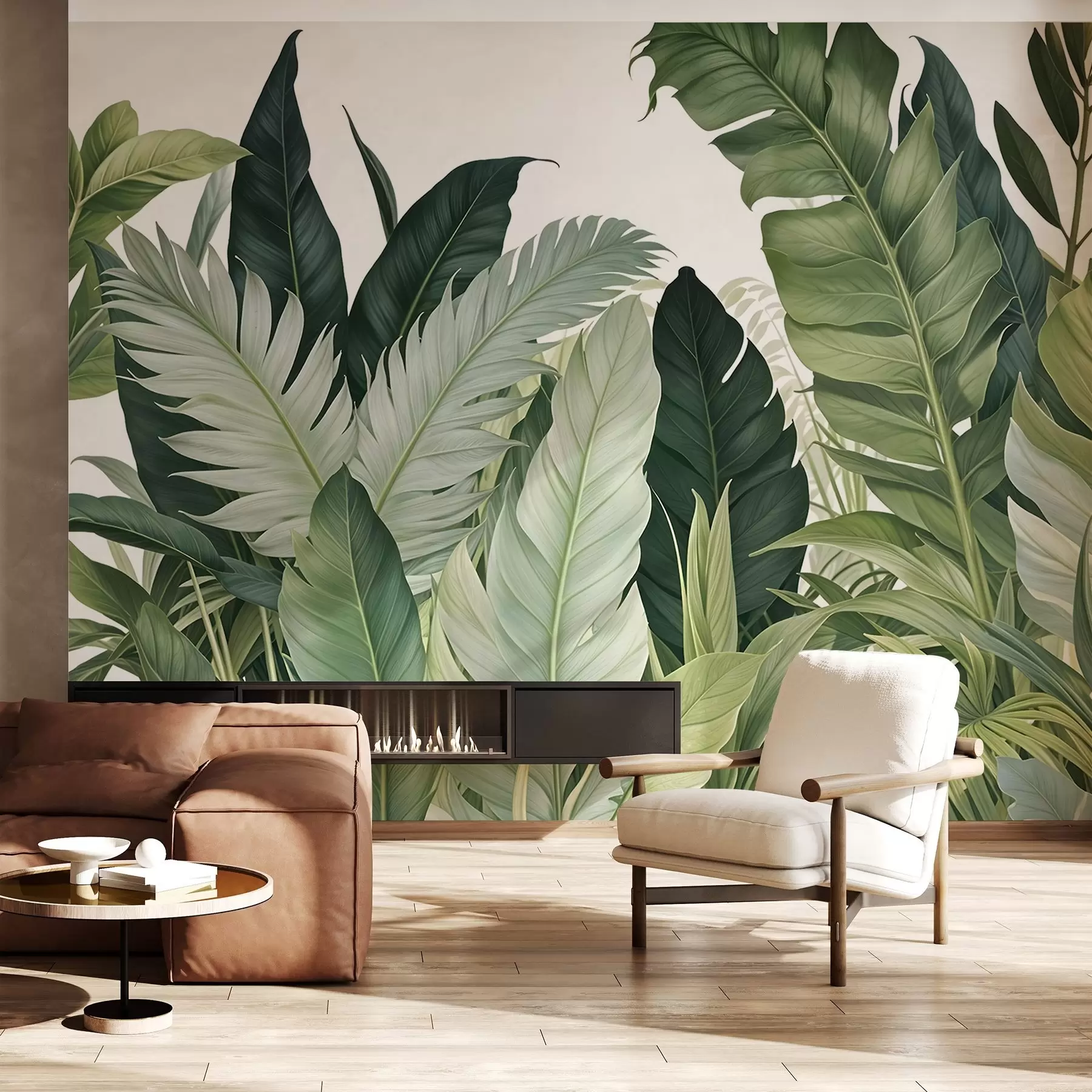 murais de parede Folhagem tropical com várias folhas verdes grandes, incluindo folhas de bananeira, folhas de palmeira e outras espécies de plantas exóticas w08609