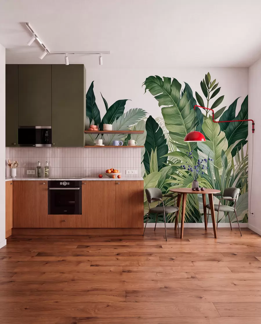 murais de parede Folhagem tropical com várias folhas verdes grandes, incluindo folhas de bananeira, folhas de palmeira e outras espécies de plantas exóticas w08609