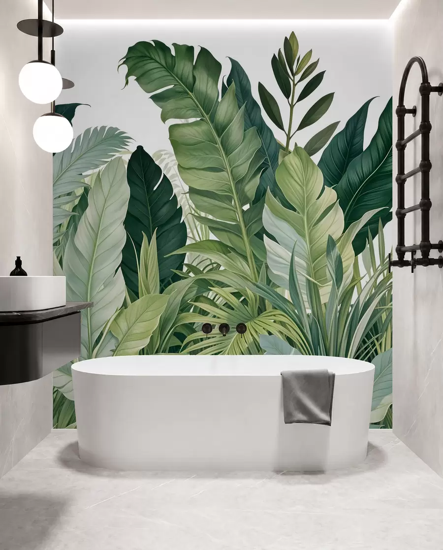 murais de parede Folhagem tropical com várias folhas verdes grandes, incluindo folhas de bananeira, folhas de palmeira e outras espécies de plantas exóticas w08609