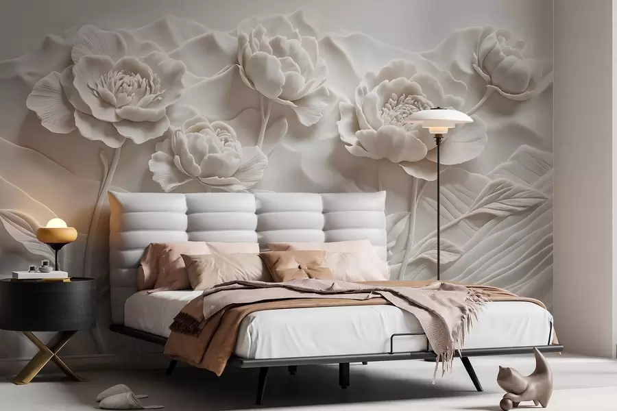murais de parede Uma imitação floral branca de escultura em relevo com flores de peónia grandes e pormenorizadas sobre um fundo liso w08612