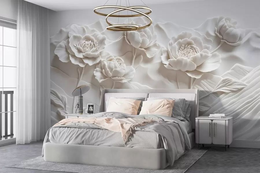 murais de parede Uma imitação floral branca de escultura em relevo com flores de peónia grandes e pormenorizadas sobre um fundo liso w08612