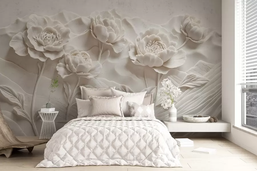 murais de parede Uma imitação floral branca de escultura em relevo com flores de peónia grandes e pormenorizadas sobre um fundo liso w08612