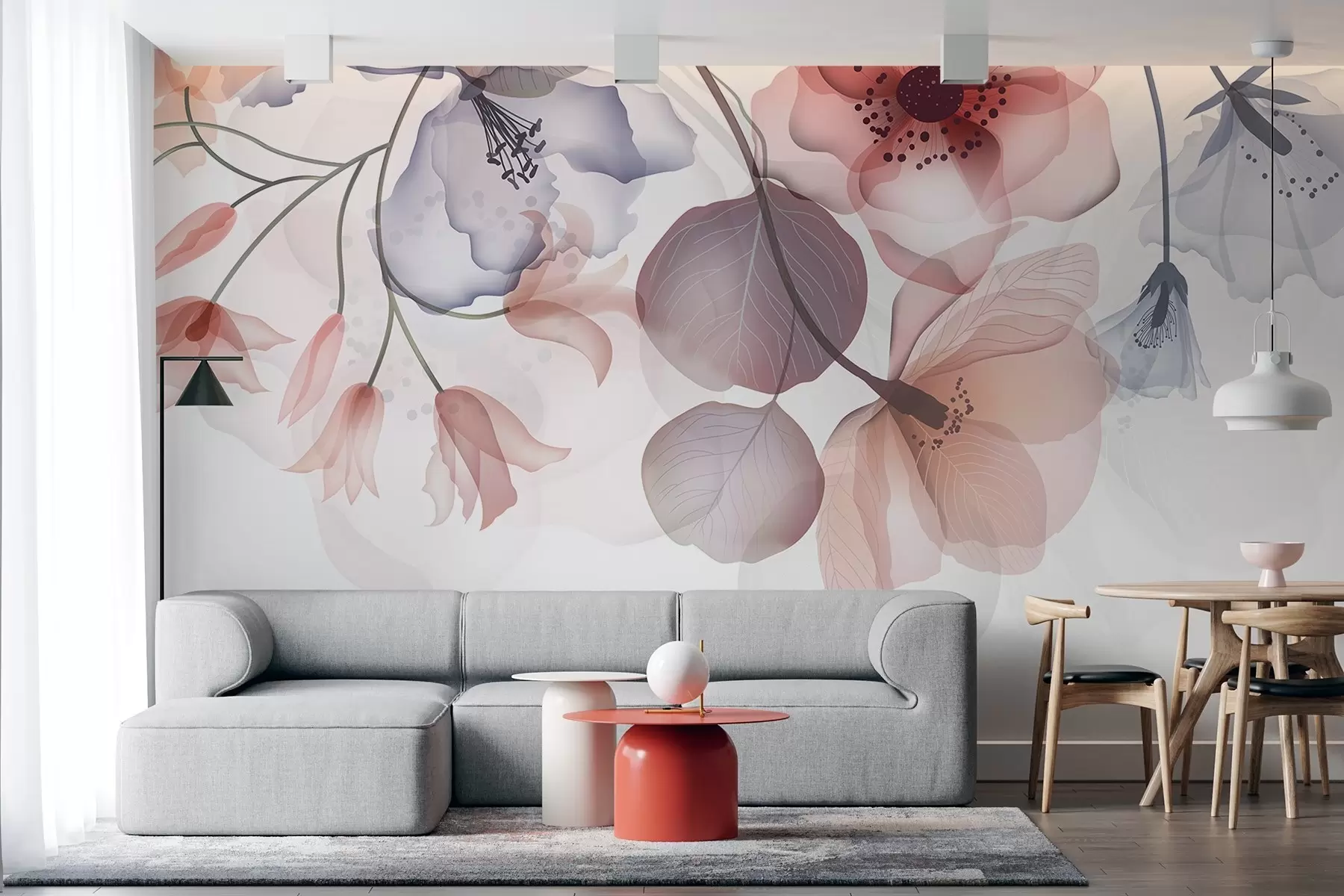 murais de parede Delicadas flores translúcidas cor-de-rosa e cinzentas com pétalas suaves e centros escuros, sobre um fundo claro w08613