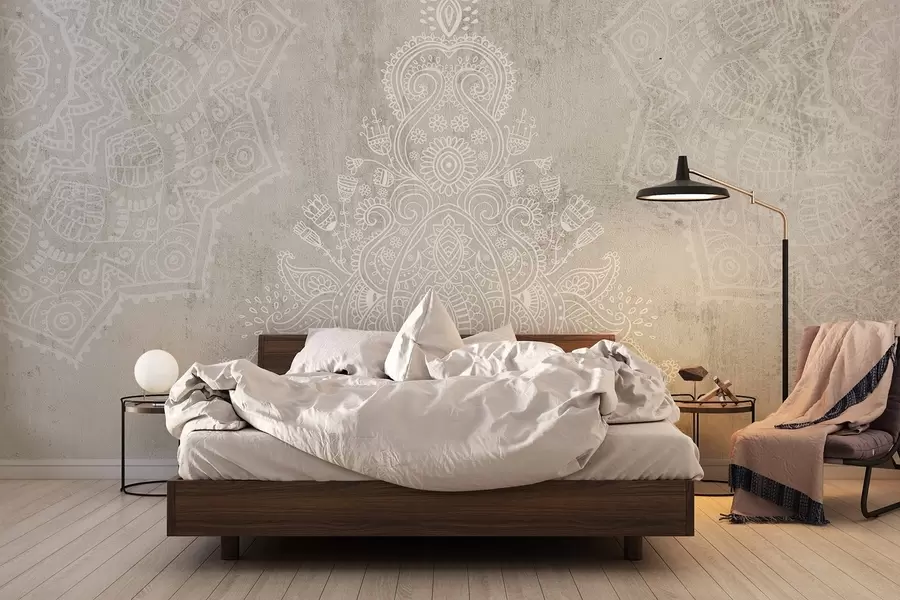 murais de parede Uma mandala de renda branca detalhada e intrincada impressa sobre um fundo abstrato com textura bege claro w08614