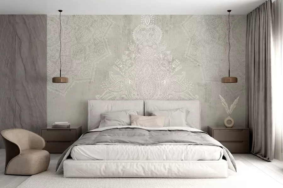 murais de parede Uma mandala de renda branca detalhada e intrincada impressa sobre um fundo abstrato com textura bege claro w08614