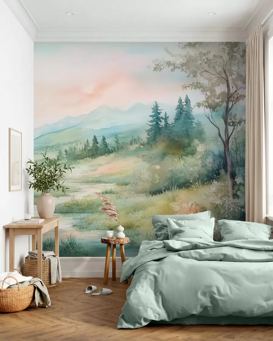 murais de parede paisagem em aguarela com um caminho e montanhas w02764