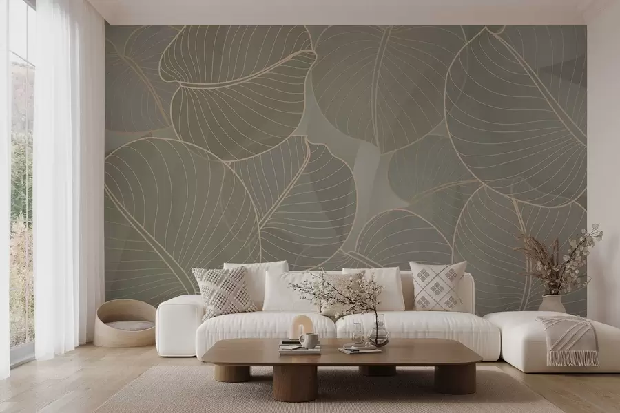 murais de parede folhagem linear do lírio de agosto em tons de bege w02768