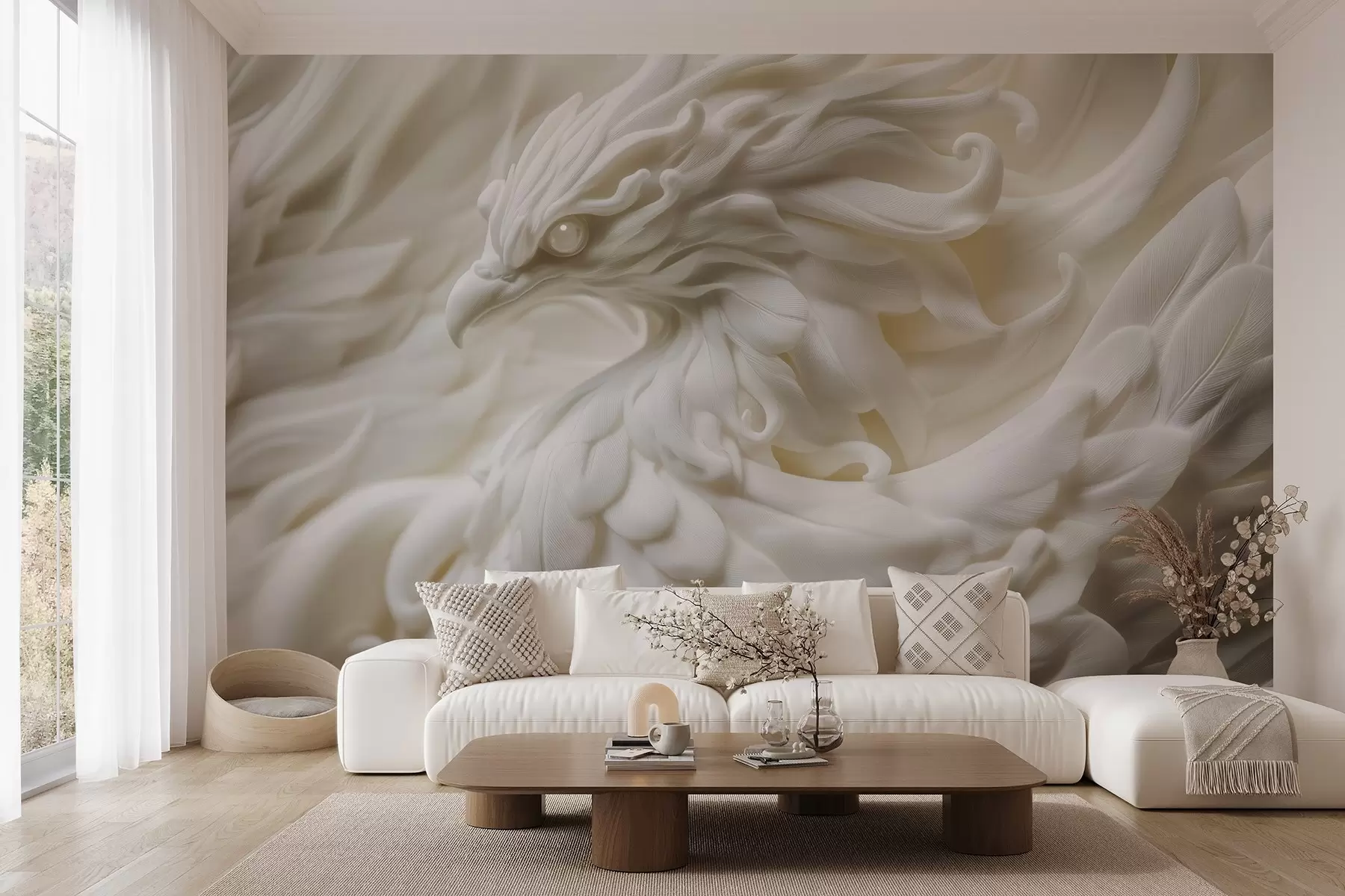 murais de parede Um pássaro com penas longas em estilo estuque em tons de bege w08629