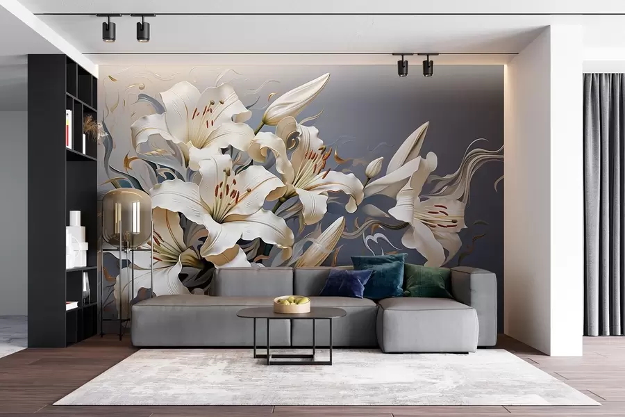 murais de parede Lírios brancos sofisticados sobre um fundo azul-acinzentado w08633
