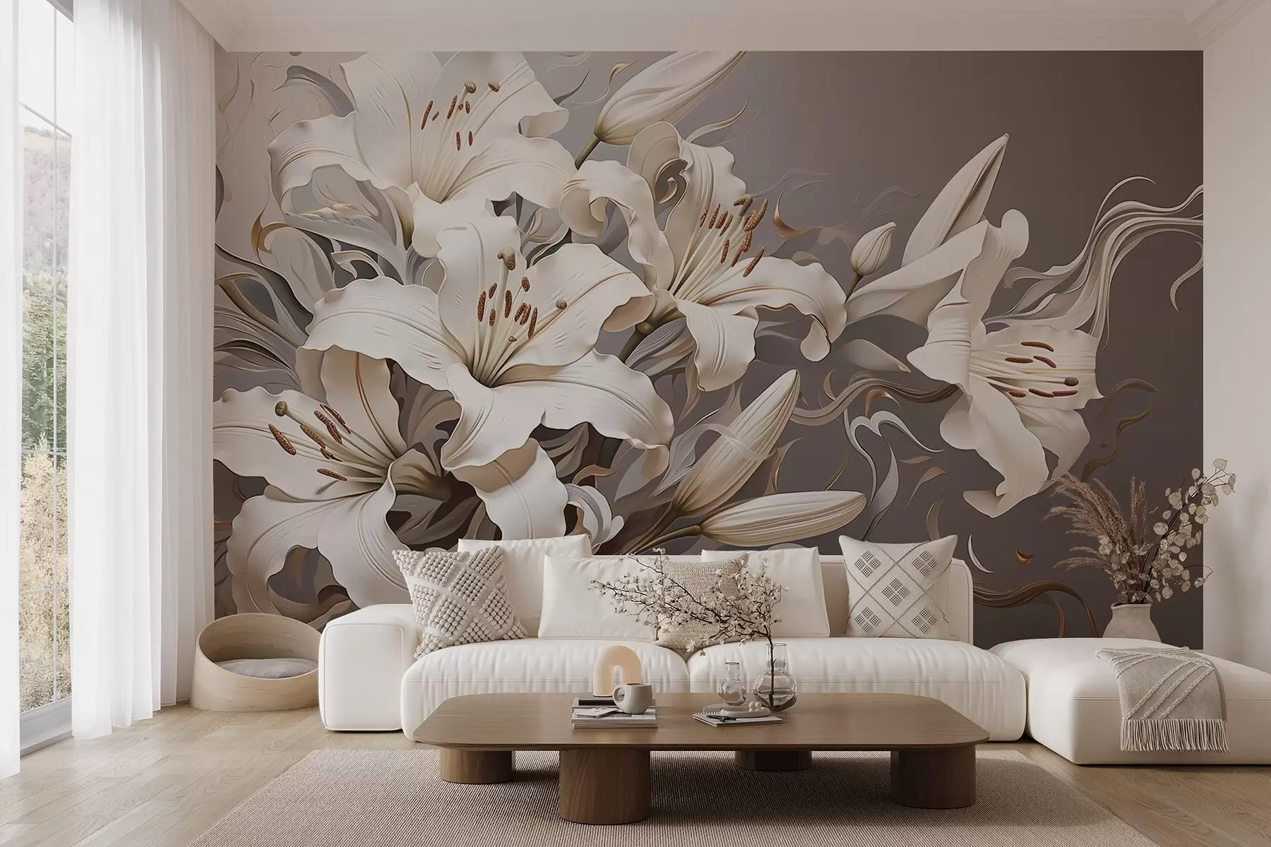 murais de parede Lírios brancos sofisticados em tons pastel w08633v1