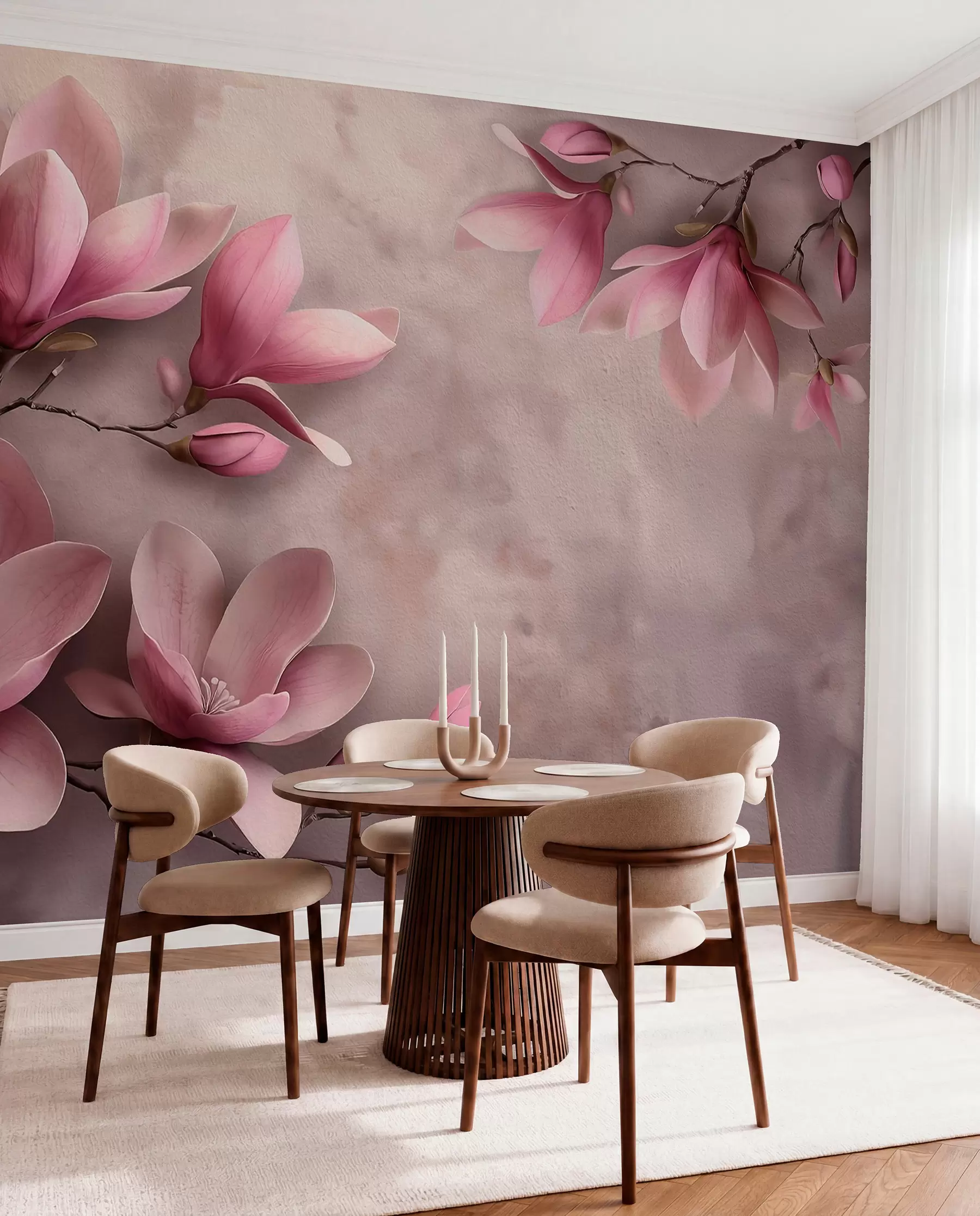 murais de parede Delicadas magnólias cor-de-rosa num muro de betão w08636