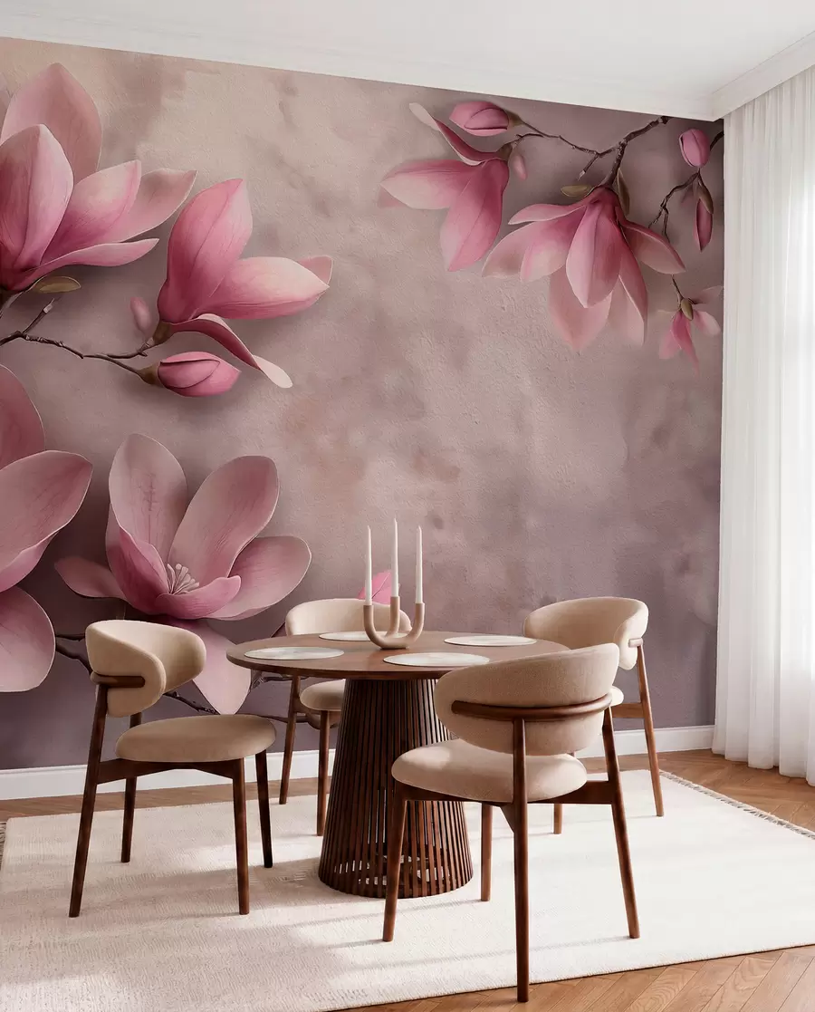 murais de parede Delicadas magnólias cor-de-rosa num muro de betão w08636
