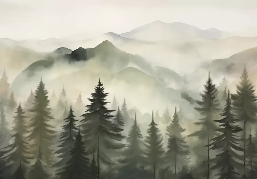 murais de parede Paisagem de montanha com um bosque de pinheiros e montanhas em camadas durante a madrugada com um ligeiro nevoeiro Arte de imitação de aguarela  w08639