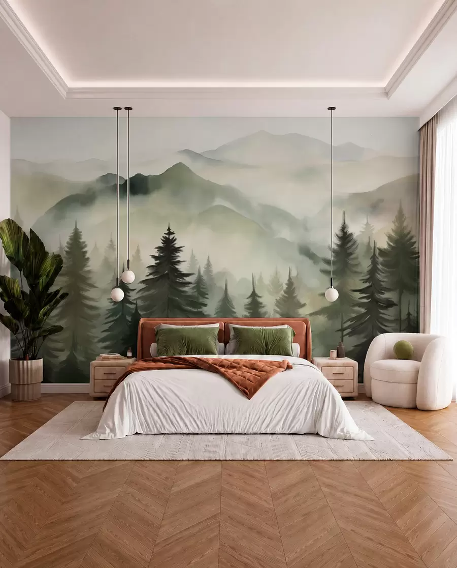 murais de parede Paisagem de montanha com um bosque de pinheiros e montanhas em camadas durante a madrugada com um ligeiro nevoeiro Arte de imitação de aguarela  w08639