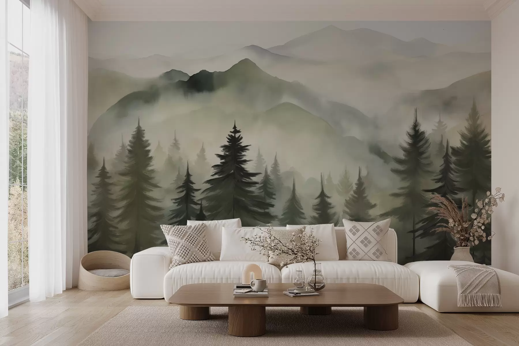 murais de parede Paisagem de montanha com um bosque de pinheiros e montanhas em camadas durante a madrugada com um ligeiro nevoeiro Arte de imitação de aguarela  w08639