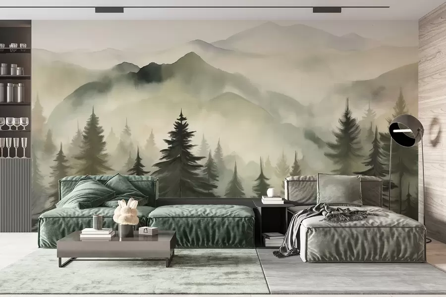 murais de parede Paisagem de montanha com um bosque de pinheiros e montanhas em camadas durante a madrugada com um ligeiro nevoeiro Arte de imitação de aguarela  w08639