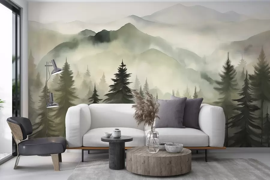 murais de parede Paisagem de montanha com um bosque de pinheiros e montanhas em camadas durante a madrugada com um ligeiro nevoeiro Arte de imitação de aguarela  w08639