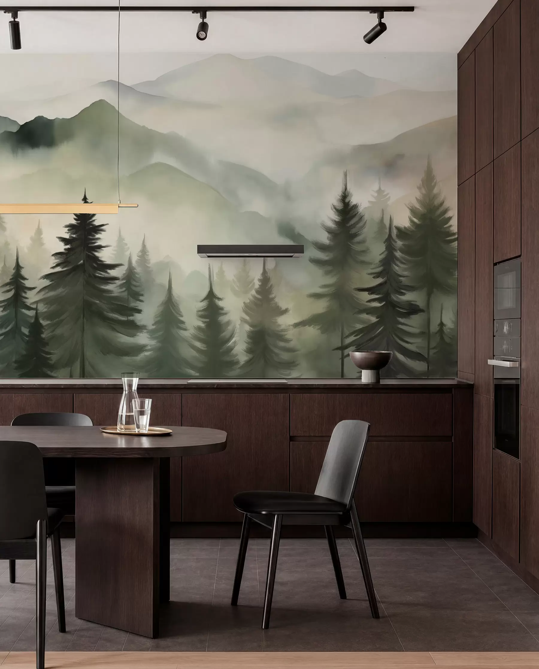 murais de parede Paisagem de montanha com um bosque de pinheiros e montanhas em camadas durante a madrugada com um ligeiro nevoeiro Arte de imitação de aguarela  w08639