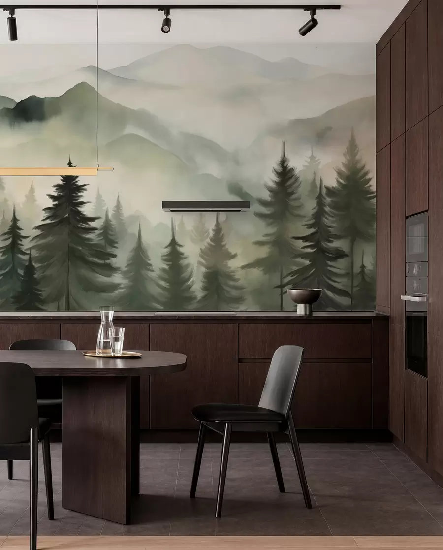 murais de parede Paisagem de montanha com um bosque de pinheiros e montanhas em camadas durante a madrugada com um ligeiro nevoeiro Arte de imitação de aguarela  w08639