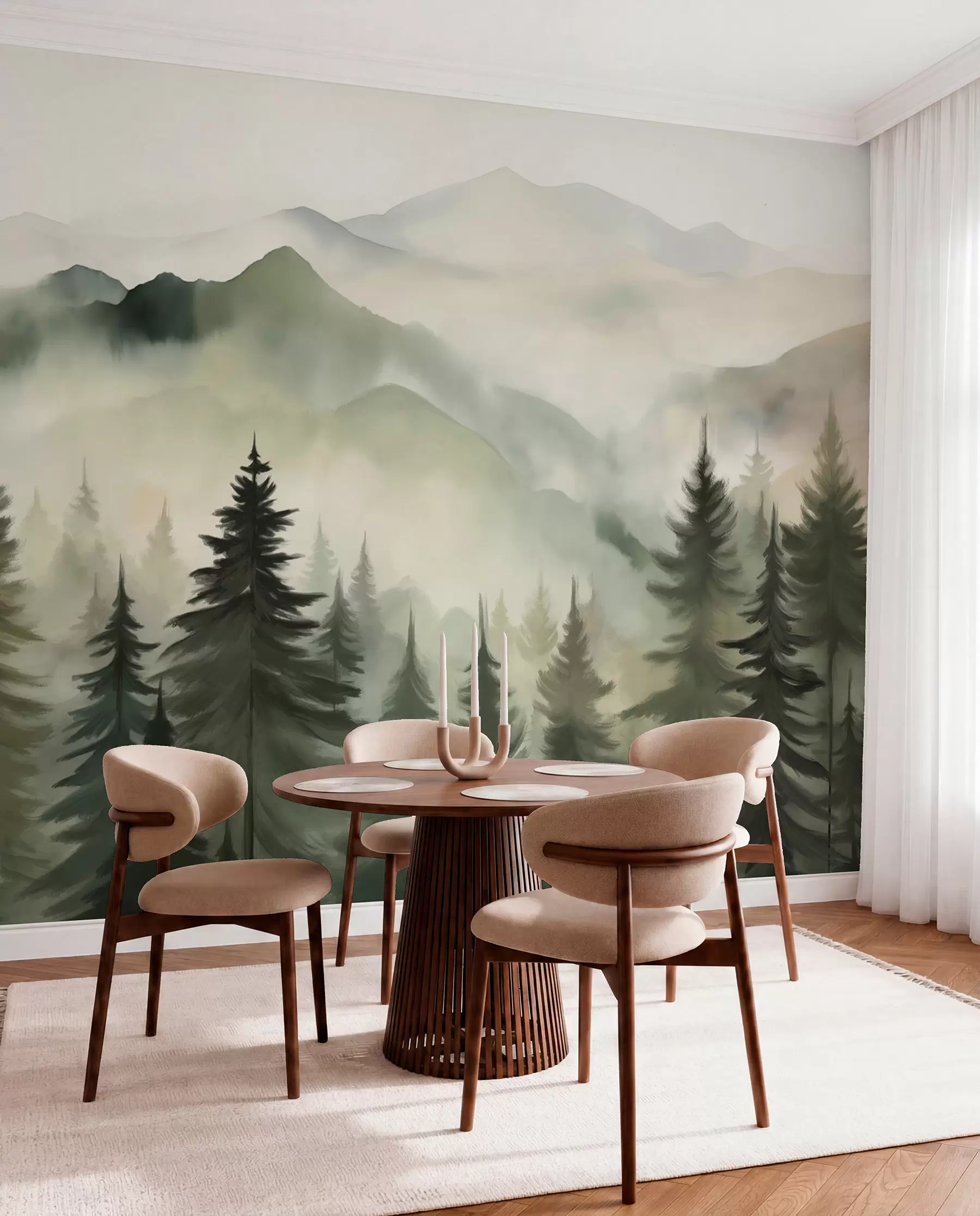 murais de parede Paisagem de montanha com um bosque de pinheiros e montanhas em camadas durante a madrugada com um ligeiro nevoeiro Arte de imitação de aguarela  w08639
