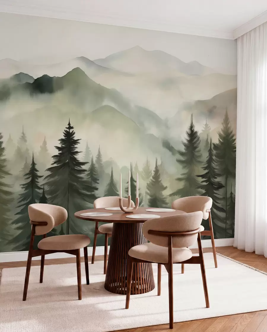 murais de parede Paisagem de montanha com um bosque de pinheiros e montanhas em camadas durante a madrugada com um ligeiro nevoeiro Arte de imitação de aguarela  w08639