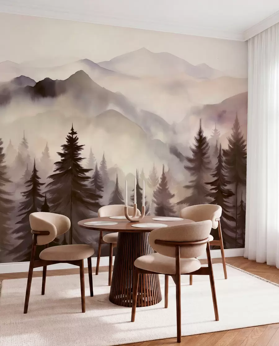 murais de parede Paisagem de montanha com um bosque de pinheiros e montanhas em camadas durante a madrugada com um ligeiro nevoeiro Arte de imitação de aguarela w08639v1