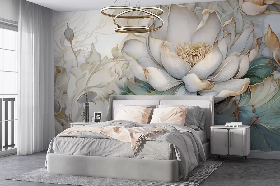 murais de parede Uma grande e delicada flor de lírio branco e folhagem com pétalas decorativas suaves e em camadas sobre um fundo abstrato com textura azulada w08640