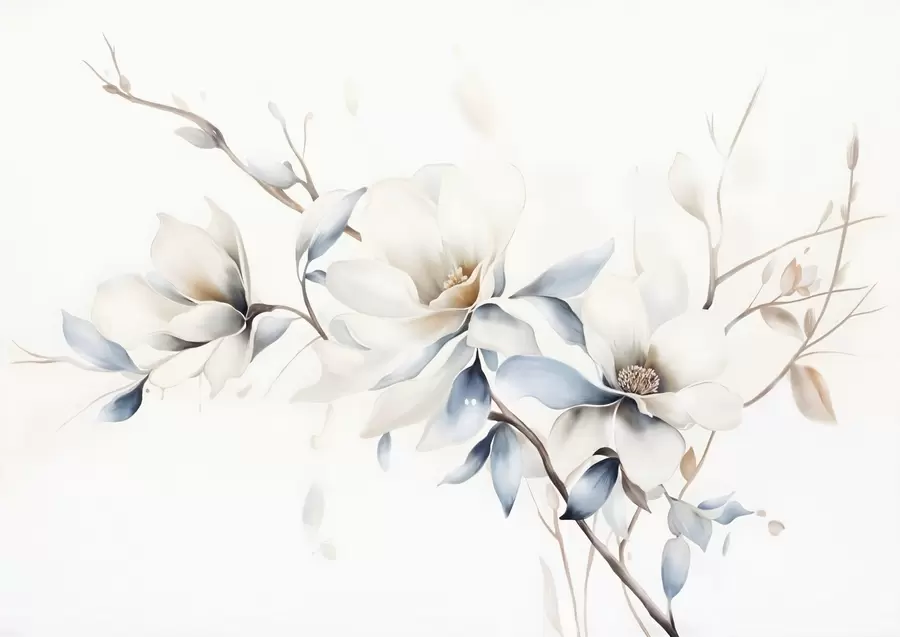 murais de parede Delicadas flores de magnólia brancas com pétalas azuis suaves sobre um fundo claro imitação de aguarela minimalismo  w08644