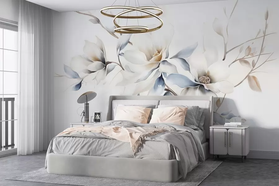 murais de parede Delicadas flores de magnólia brancas com pétalas azuis suaves sobre um fundo claro imitação de aguarela minimalismo  w08644