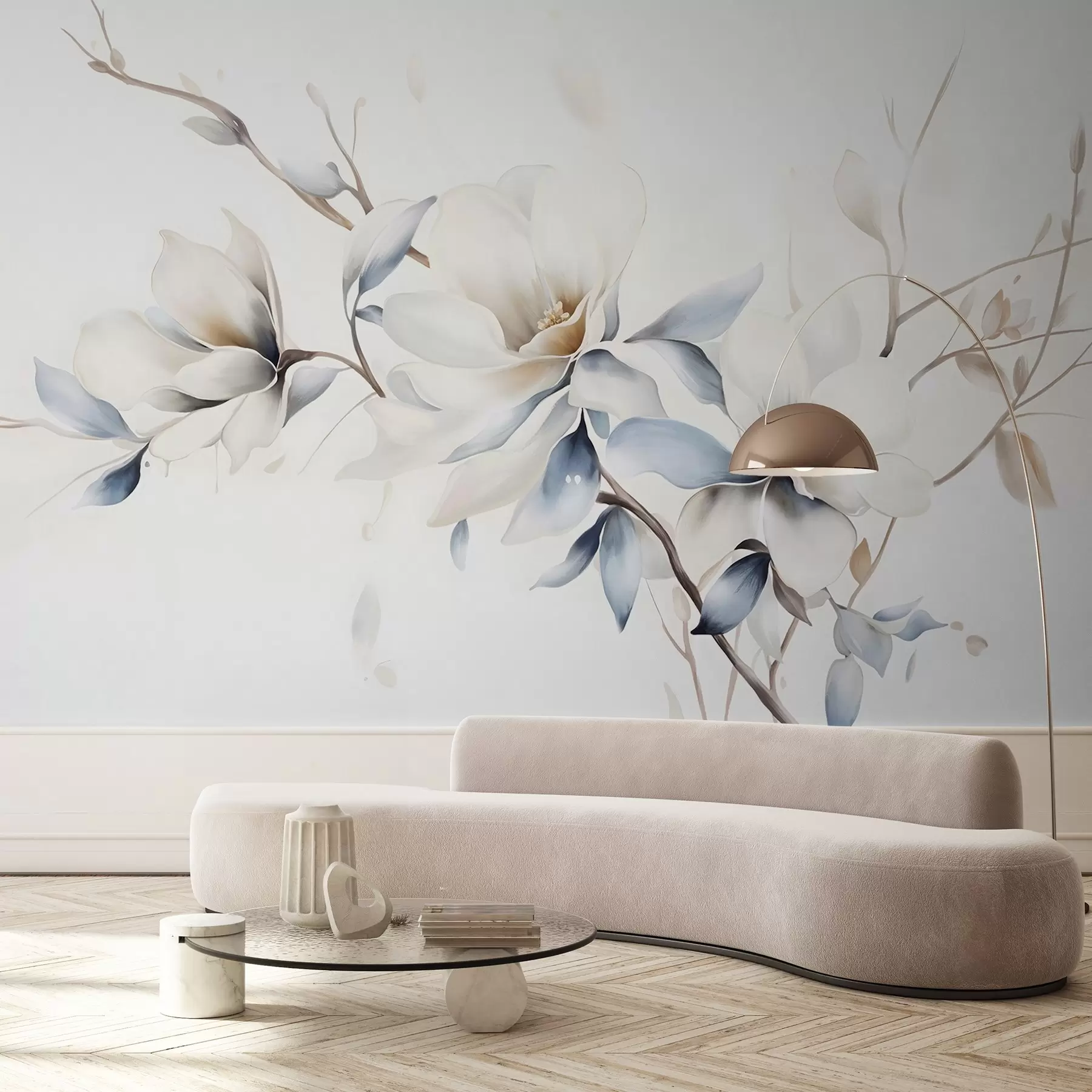 murais de parede Delicadas flores de magnólia brancas com pétalas azuis suaves sobre um fundo claro imitação de aguarela minimalismo  w08644