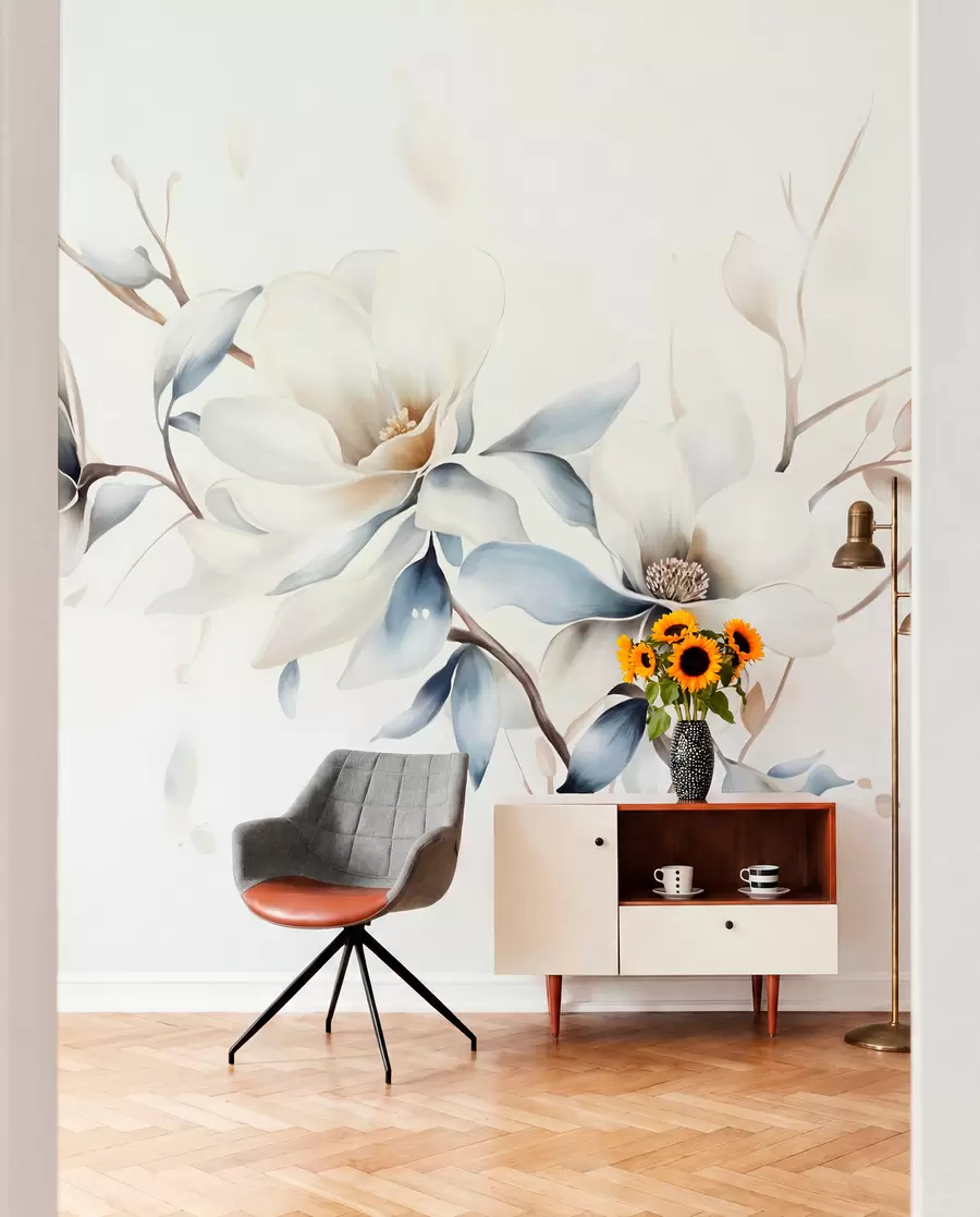 murais de parede Delicadas flores de magnólia brancas com pétalas azuis suaves sobre um fundo claro imitação de aguarela minimalismo  w08644