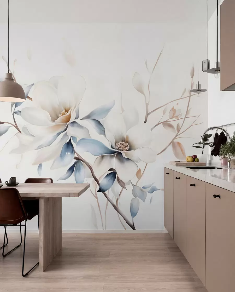 murais de parede Delicadas flores de magnólia brancas com pétalas azuis suaves sobre um fundo claro imitação de aguarela minimalismo  w08644