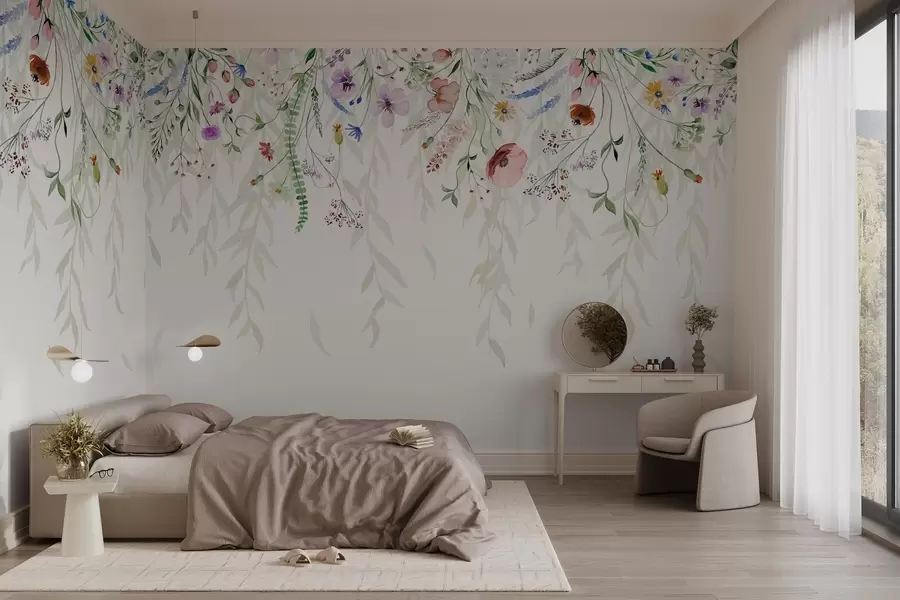 murais de parede Um estampado floral colorido em cascata com várias flores, folhas e plantas num estilo aguarela   w08646