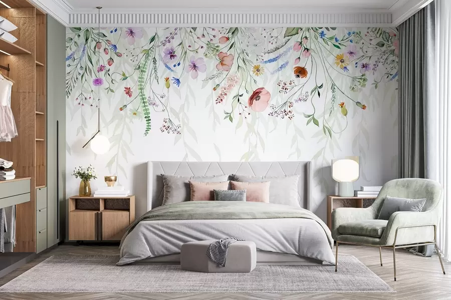 murais de parede Um estampado floral colorido em cascata com várias flores, folhas e plantas num estilo aguarela   w08646