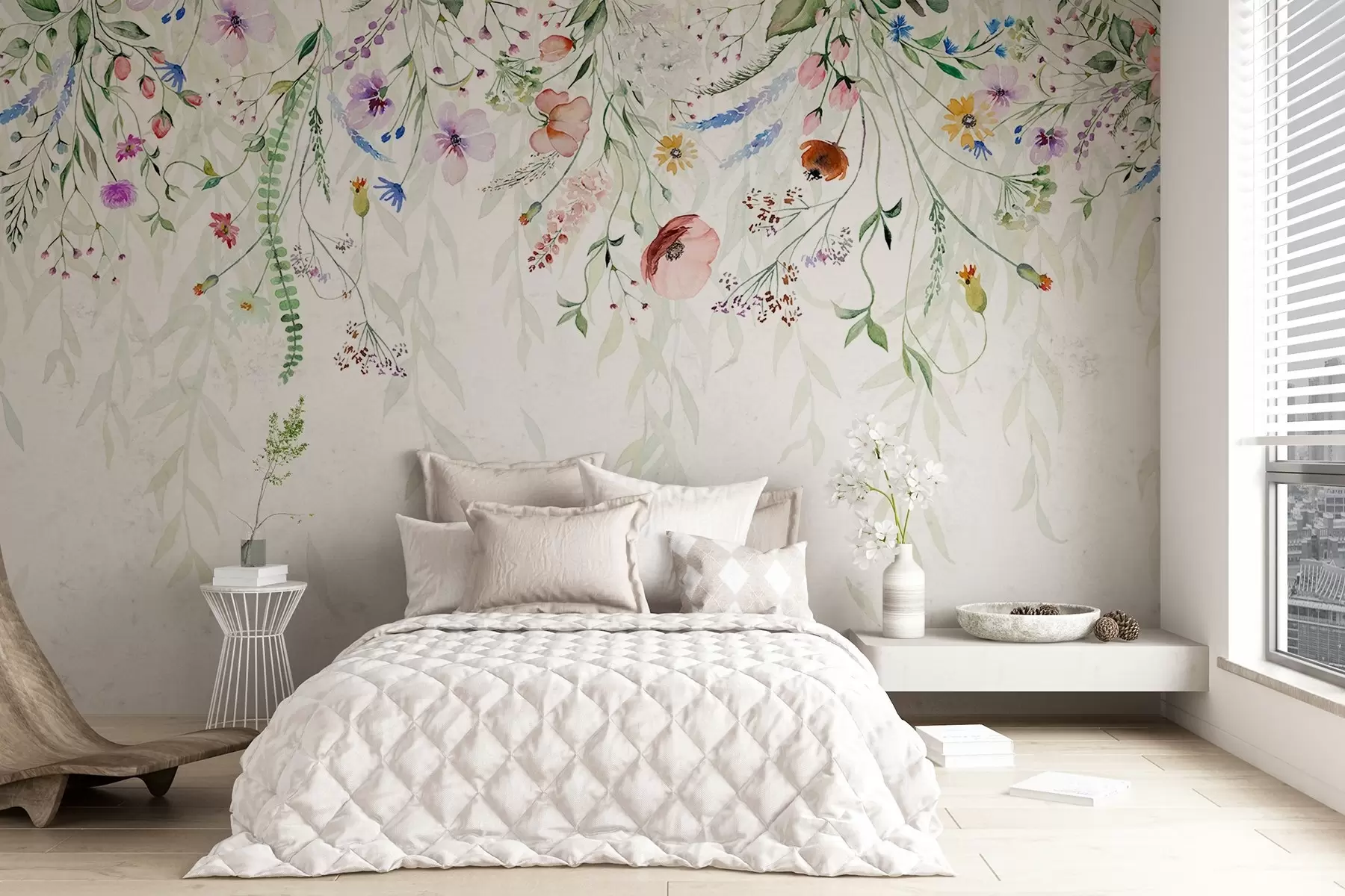 murais de parede Um estampado floral colorido em cascata com várias flores, folhas e plantas num estilo aguarela   w08646