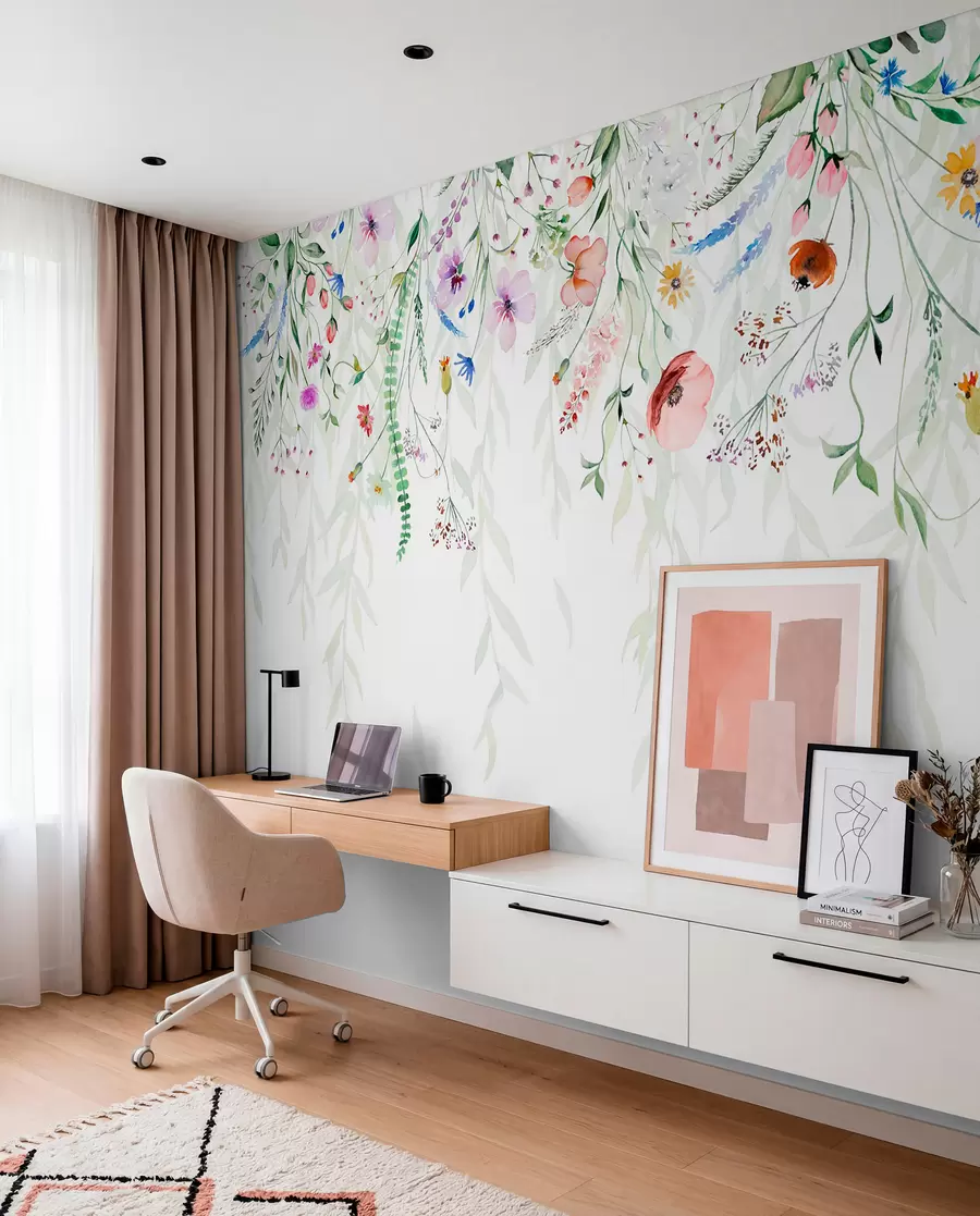murais de parede Um estampado floral colorido em cascata com várias flores, folhas e plantas num estilo aguarela   w08646