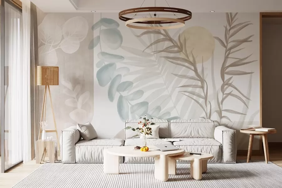 murais de parede Uma impressão abstrata minimalista com folhas estilizadas e eucaliptos com formas orgânicas suaves e bege em tons pastel suaves w08648