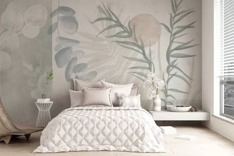 murais de parede Uma impressão abstrata minimalista com folhas estilizadas e eucaliptos com formas orgânicas azuis suaves em tons pastel suaves w08648v1