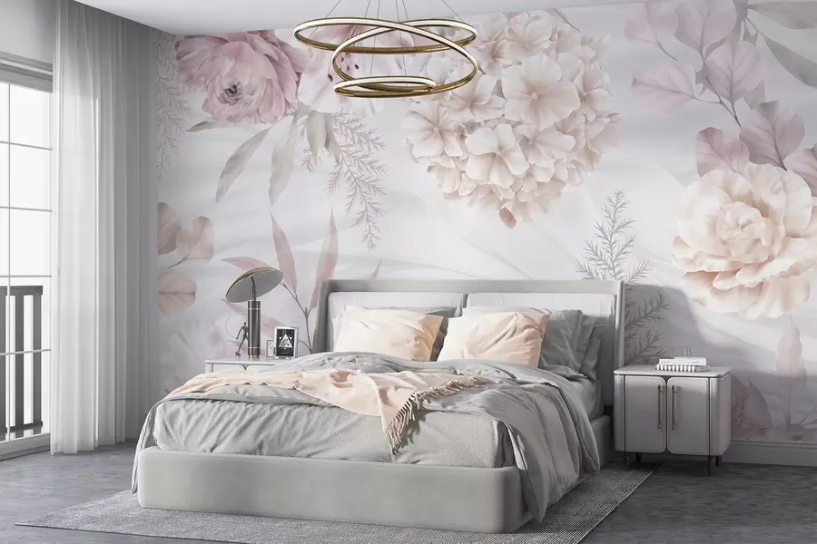 murais de parede Um estampado floral suave e abstrato com grandes flores cor-de-rosa e brancas, folhas delicadas e uma paleta de cores pastel suaves w08651