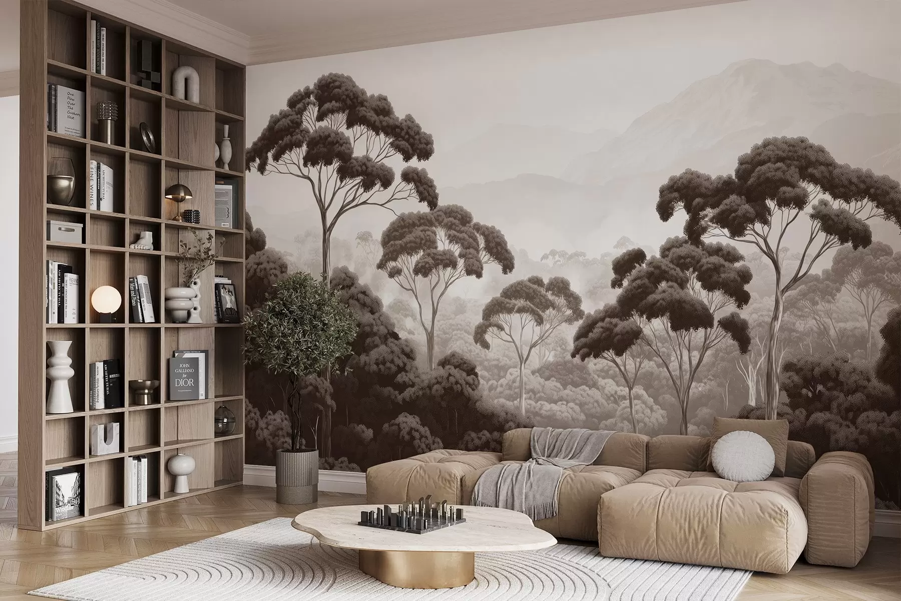 murais de parede Floresta, montanhas, tropical, natureza, árvores grandes, cores castanhas w02739v2