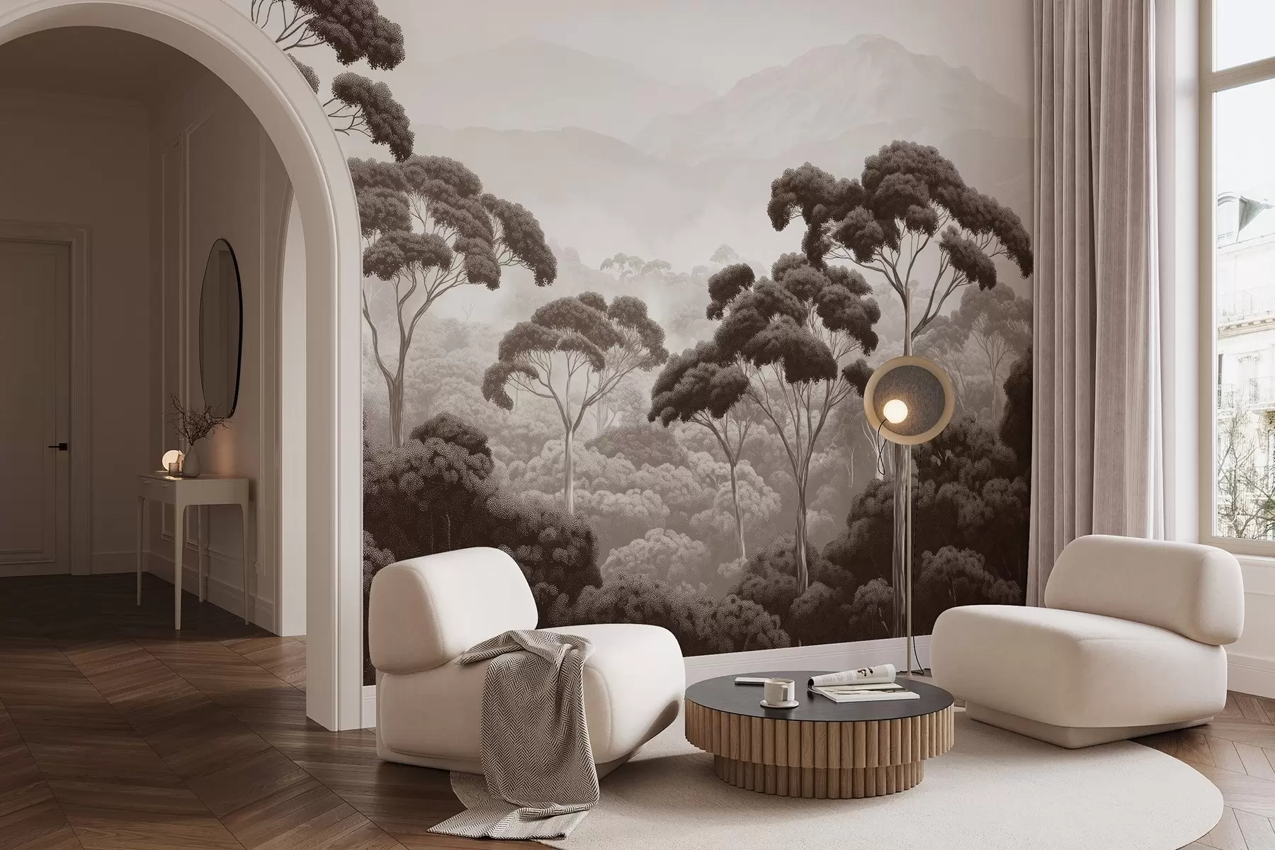 murais de parede Floresta, montanhas, tropical, natureza, árvores grandes, cores castanhas w02739v2