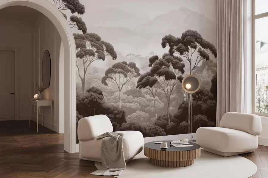 murais de parede Floresta, montanhas, tropical, natureza, árvores grandes, cores castanhas w02739v2