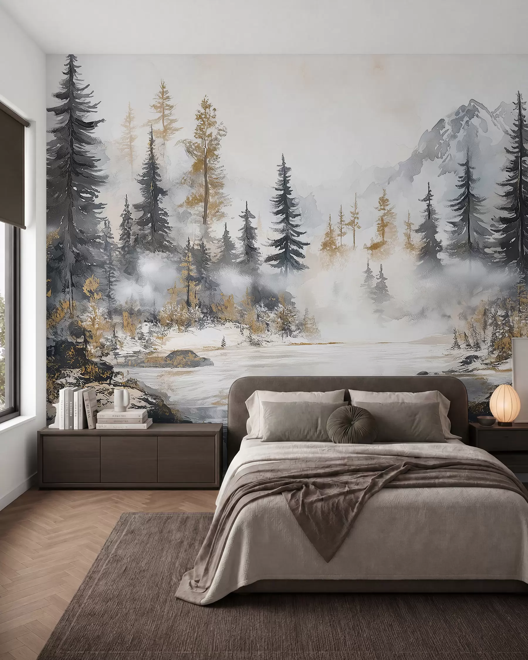 murais de parede Paisagem de inverno com lago e floresta, montanhas, estilo pastel darwing w02741
