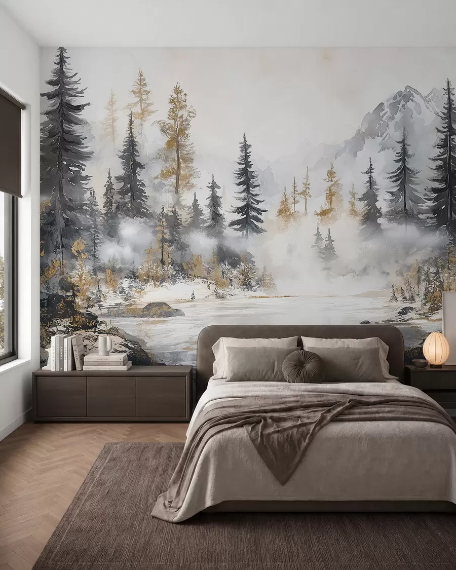 murais de parede Paisagem de inverno com lago e floresta, montanhas, estilo pastel darwing w02741