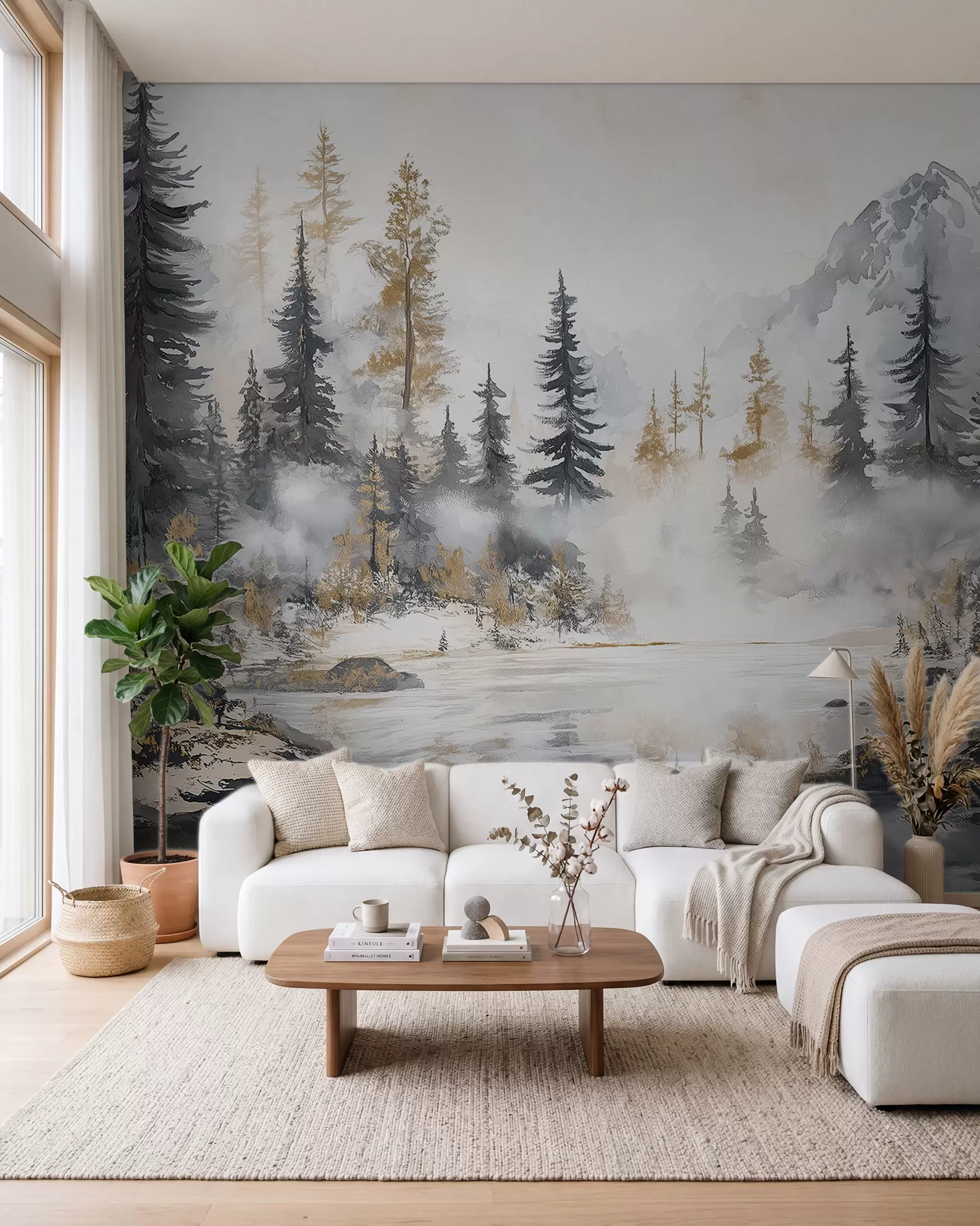 murais de parede Paisagem de inverno com lago e floresta, montanhas, estilo pastel darwing w02741