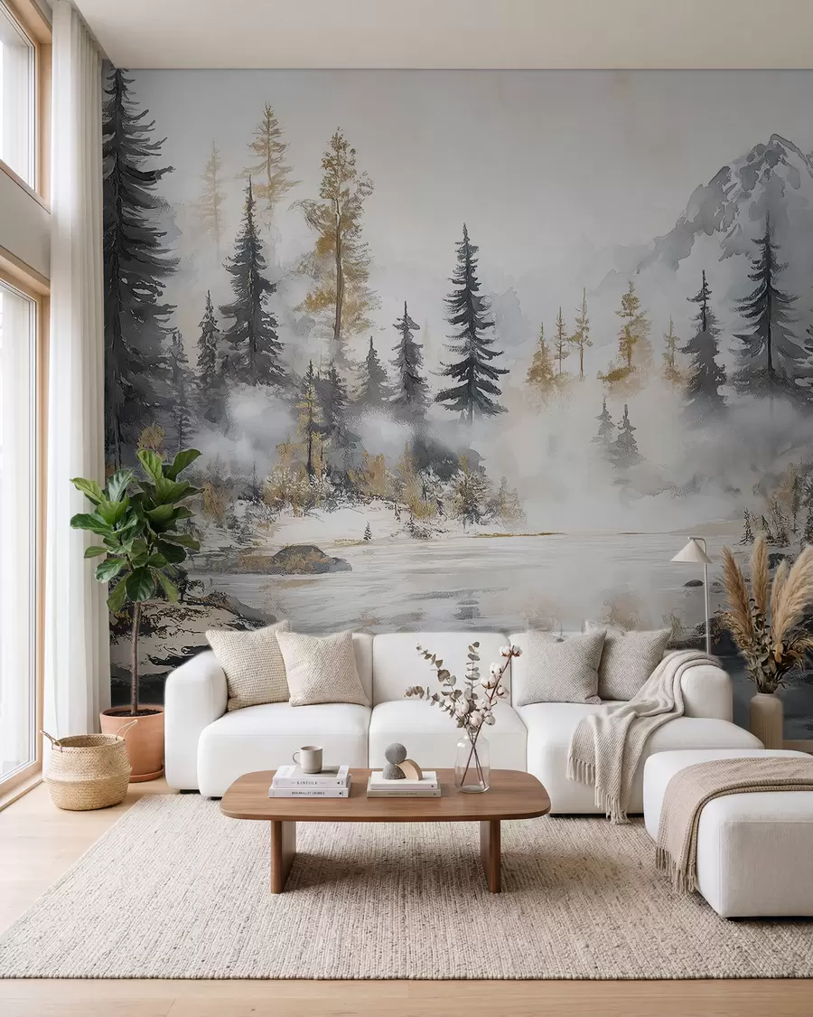 murais de parede Paisagem de inverno com lago e floresta, montanhas, estilo pastel darwing w02741