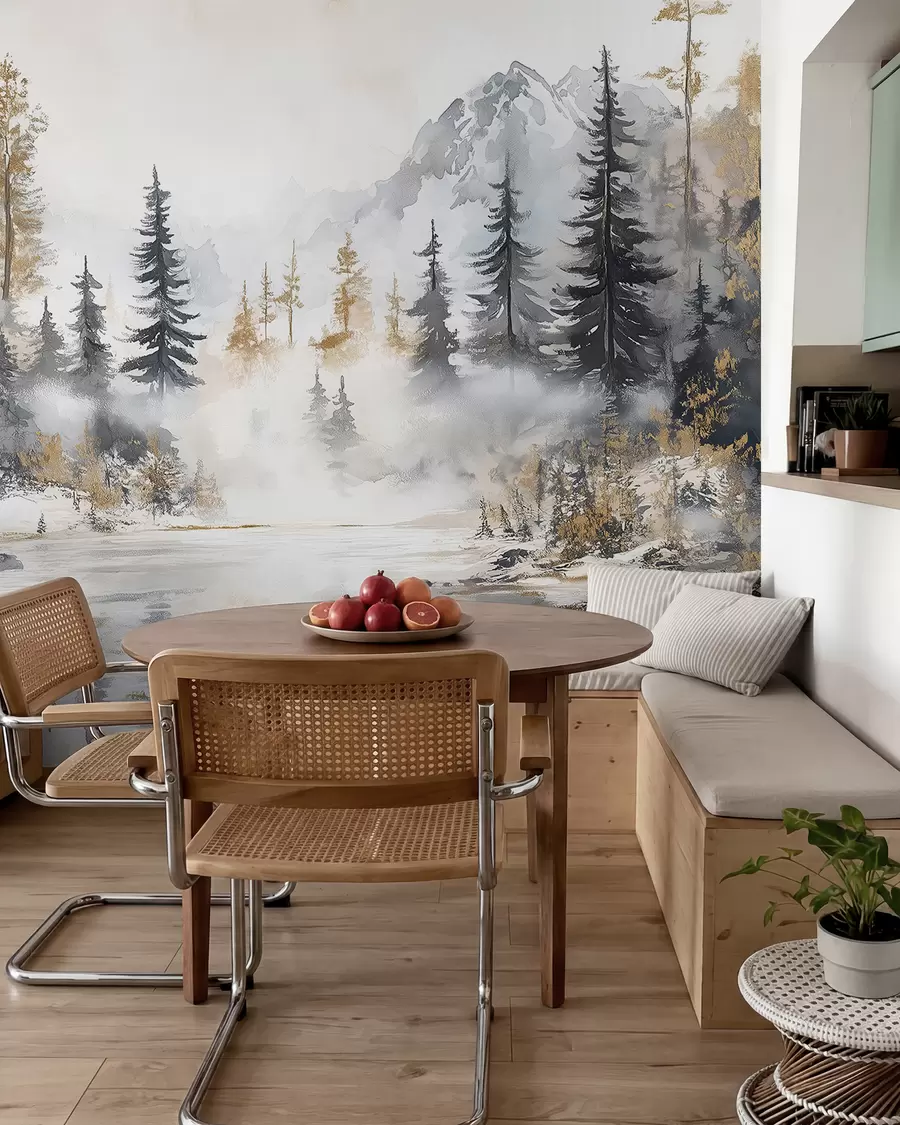 murais de parede Paisagem de inverno com lago e floresta, montanhas, estilo pastel darwing w02741