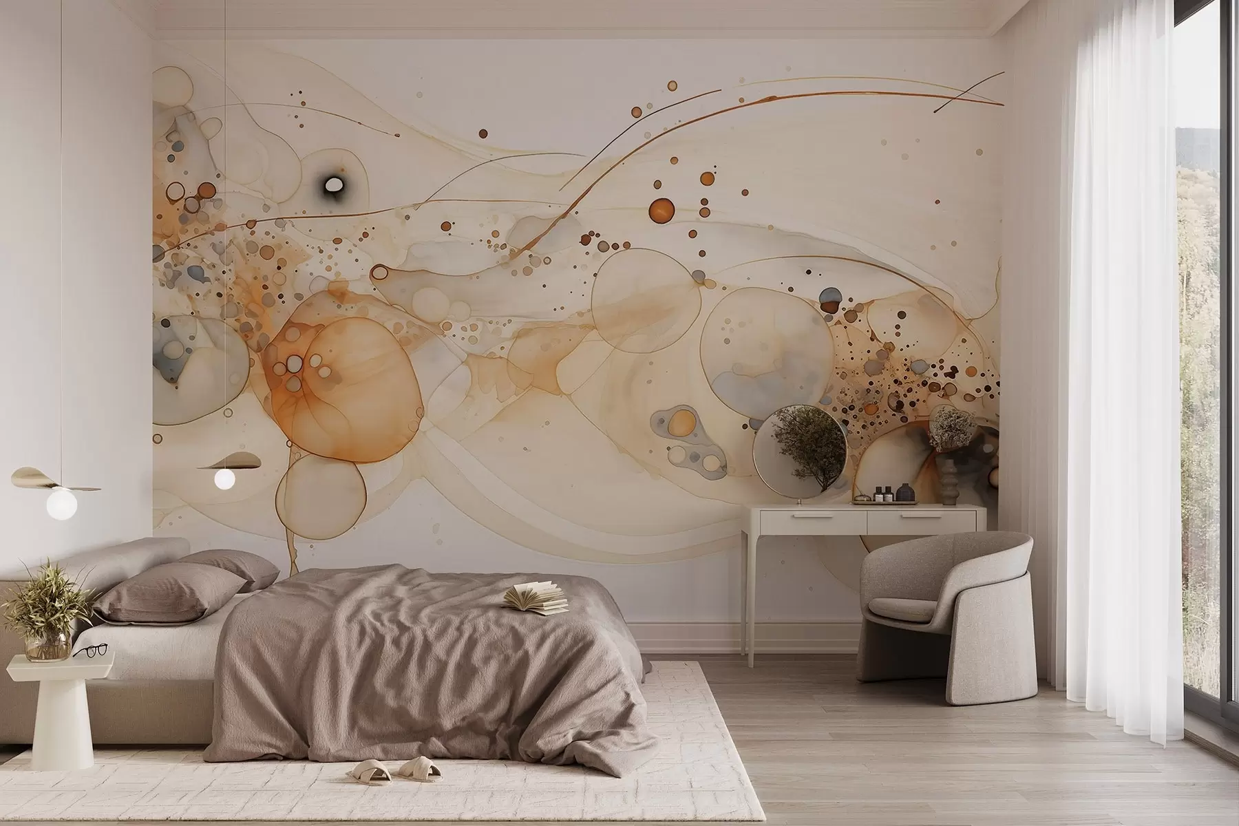 murais de parede Arte abstrata a tinta, estilo fluido, paleta de cores bege  w02744