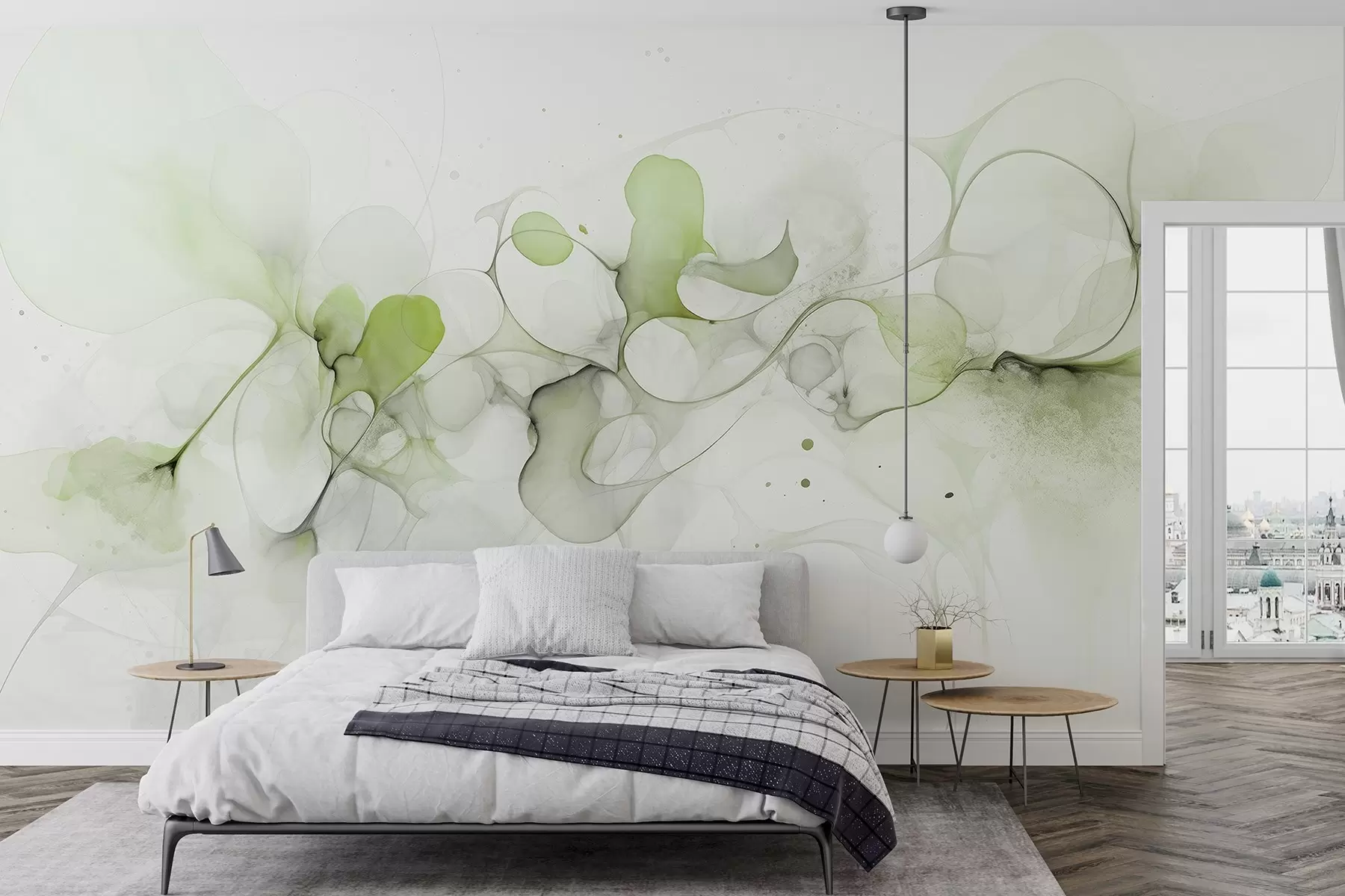 murais de parede Estilo de arte fluida, abstração, cores verdes suaves w02745v1